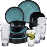 Melamin Geschirr Set 24 Teile elegante Steingut Optik in blau mit Wasserglas 400ml klar - für 6 Personen Essgeschirr Gläser Wasserglas Tumbler Whiskey Campinggeschirr Picknick ideal Camping Outdoor