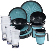 Melamin Geschirrset für 4 Personen blau schwarz - 20 Teile - mit Tassen und klaren Trinkgläsern 400 ml Campinggeschirr Essgeschirr Gläser Whiskey Campinggeschirr Picknick Camping Outdoor