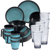 Melamin Geschirr Set 30 Teile elegante Steingut Optik in blau mit Tassen Wasserglas 400ml klar - für 6 Personen Essgeschirr Gläser Wasserglas Tumbler Whiskey Campinggeschirr Picknick Camping Outdoor
