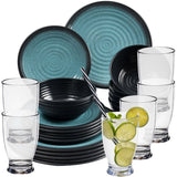Melamin Geschirr Set 24 Teile elegante Steingut Optik in blau mit Wasserglas 380ml klar - für 6 Personen Essgeschirr Gläser Wasserglas Tumbler Whiskey Campinggeschirr Picknick ideal Camping Outdoor