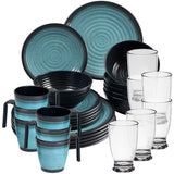 Melamin Geschirr Set 30 Teile elegante Steingut Optik in blau mit Tassen Wasserglas 380ml klar - für 6 Personen Essgeschirr Gläser Wasserglas Tumbler Whiskey Campinggeschirr Picknick Camping Outdoor