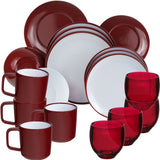 Melamin Geschirr und Acryl Glas Set für 4 Personen - 20 Teile - Campinggeschirr - rot weiß - mit Trinkglas 400 ml rot und 90 Grad-Tassen aus ABS-Kunststoff Gläsern - Essgeschirr