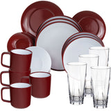 Melamin Geschirr und Acryl Glas Set für 4 Personen - 20 Teile - Campinggeschirr - rot weiß - mit Trinkglas 450 ml klar und 90 Grad-Tassen aus ABS-Kunststoff Gläsern - Essgeschirr