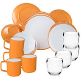 Melamin Geschirr und Acryl Glas Set für 4 Personen - 20 Teile - Campinggeschirr - gelb weiß - mit Trinkglas 400 ml klar und 90 Grad-Tassen aus ABS-Kunststoff Gläsern - Essgeschirr