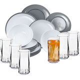 Melamin Geschirr Set für 6 Personen - 24 Teile - grau weiß - mit Trinkglas klar 450ml Campinggeschirr Camping Geschirr