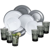 Melamin Geschirr Set für 6 Personen - 24 Teile - grau weiß - mit Trinkglas grau 400ml Campinggeschirr Camping Geschirr