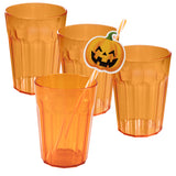 4 Stück Halloween Party-Trinkglas ORANGE 450 ml Trinkgläser - für 4 Personen - bruchfest Party Tischdeko Glas Set - Kunststoff Party Picknick Kinder Wasserglas