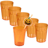 6 Stück Halloween Party-Trinkglas ORANGE 450 ml Trinkgläser - für 6 Personen - bruchfest Party Tischdeko Glas Set - Kunststoff Party Picknick Kinder Wasserglas