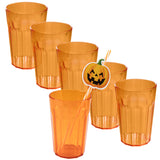 6 Stück Halloween Party-Trinkglas ORANGE 630 ml Trinkgläser - für 4 Personen - bruchfest Party Tischdeko Glas Set - Kunststoff Party Picknick Kinder Wasserglas