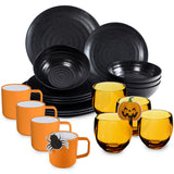 Halloween Geschirrset aus Melamin für 4 Personen - 20 Teile - schwarz - mit orangen Trinkgläsern - Partygedeck Partygeschirr Party Tischdeko
