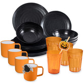 Halloween Geschirrset aus Melamin für 4 Personen - 20 Teile - schwarz - mit orangen Trinkgläsern - Partygedeck Partygeschirr Party Tischdeko