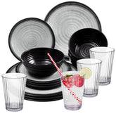 Melamin Geschirr Set für 4 Personen Grau Granit-Optik 16 Teile - mit klaren Trinkgläsern 580 ml - Campinggeschirr Geschirrset Tafelgeschirr - Spülmaschinengeeignet Tableware Outdoor Camping