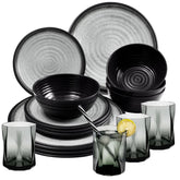 Melamin Geschirr Set für 4 Personen Grau Granit-Optik 16 Teile - mit grauen Trinkgläsern 300 ml - Campinggeschirr Geschirrset Tafelgeschirr - Spülmaschinengeeignet Tableware Outdoor Camping