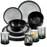 Melamin Geschirr Set für 4 Personen Grau Granit-Optik 16 Teile - mit grauen Trinkgläsern 300 ml - Campinggeschirr Geschirrset Tafelgeschirr - Spülmaschinengeeignet Tableware Outdoor Camping