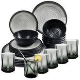 Melamin Geschirr Set für 6 Personen Grau Granit-Optik 24 Teile - mit grauen Trinkgläsern 300 ml - Campinggeschirr Geschirrset Tafelgeschirr - Spülmaschinengeeignet Tableware Outdoor Camping