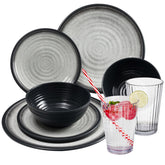Melamin Geschirr Set für 2 Personen Grau Granit-Optik 8 Teile - mit klaren Trinkgläsern 580 ml - Campinggeschirr Geschirrset Tafelgeschirr - Spülmaschinengeeignet Tableware Outdoor Camping