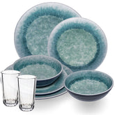Melamin Geschirr Set Adria Blue für 2 Personen - 8 Teile Blau - mit klarem Trinkglas 300 ml aus Acryl Steingutoptik Campinggeschirr Camping