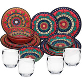 Melamin Geschirr Set Toskana Deep für 4 Personen - 16 Teile Rot-Grün - Mandala-Optik mit klaren Trinkgläsern 400 ml Campinggeschirr