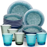 Melamin Geschirr Set Adria Blue für 6 Personen - 24 Teile Blau - mit farblich passenden Trinkgläsern 360 ml aus Acryl Steingutoptik Campinggeschirr