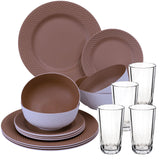 Melamin Geschirrset für 4 Personen - 16 Teile elegante Steingut Optik im warmen Rosé Ton - mit klarem Trinkglas 300ml - Campinggeschirr Geschirrset Tafelgeschirr Spülmaschinengeeignet Outdoor Camping