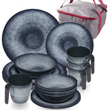 Melamin Geschirr Set Jesolo Grau für 4 Personen - 17 Teile - mit Tassen und Aufbewahrungstasche Steingutoptik Campinggeschirr Camping