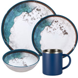 Melamin Geschirr Set Lagune für 4 Personen - 16 Teile - mit Edelstahl Thermo Tassen Steingutoptik Spülmaschinengeeignet Essgeschirr Campingzubehör Campinggeschirr Wohnwagen Camping Festival Picknick Gartenparty