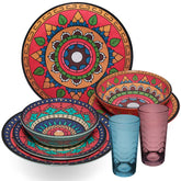 Melamin Geschirr Set Toskana Deep für 2 Personen - 8 Teile - Rot-Grün - Mandala-Optik mit farblich passenden Trinkgläsern 260 ml Campinggeschirr