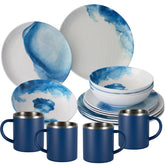 Melamin Geschirrset für 4 Personen - 16 Teile mit Edelstahl Themo Tassen hellblau elegante Steingut Optik in weiss-blau Essgeschirr Campinggeschirr Picknick Camping Outdoor