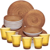 Melamin Geschirr Set Bambi Braun für 6 Personen - 24 Teile mit farblich passenden Trinkgläsern 360 ml aus Acryl Steingutoptik Campinggeschirr