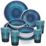 Melamin Geschirr Set Jesolo Blau für 4 Personen - 16 Teile - mit farblich passenden Trinkgläsern 400ml aus Acryl Campinggeschirr