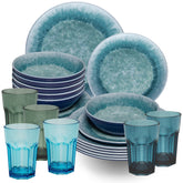 Melamin Geschirr Set Adria Blue für 6 Personen - 24 Teile Blau - mit farblich passenden Trinkgläsern 400 ml aus Acryl Steingutoptik Campinggeschirr