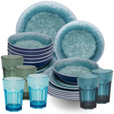 Melamin Geschirr Set Adria Blue für 6 Personen - 24 Teile Blau - mit farblich passenden Trinkgläsern 400 ml aus Acryl Steingutoptik Campinggeschirr