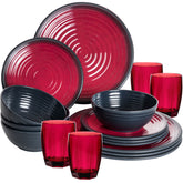 Melamin Geschirr Set für 4 Personen 16 Teile mit Trinkglas rot schwarz Tonoptik - Essgeschirr Acryl Wasserglas - Campinggeschirr