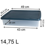 AUFBEWAHRUNGSBOX - 14,75 Liter - DIN A3-Format mit Deckel - 49x38,5x10,5 cm - transparent Navy Blau stapelbar Sammelbox Sammelmappe Kunststoff Box Stapelkiste Zeichenblock Büro Storage Aufbewahrung Flach