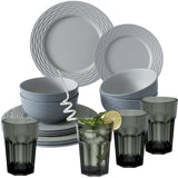 Melamin Geschirrset für 4 Personen - 16 Teile elegante Steingut Optik in Grau - mit grauem Trinkglas 400ml - Campinggeschirr Geschirrset Tafelgeschirr Spülmaschinengeeignet Tableware Outdoor Camping