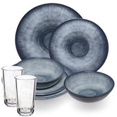 Melamin Geschirr Set Jesolo Grau für 2 Personen - 8 Teile - mit klarem Trinkglas 300ml - aus Acryl Steingutoptik Campinggeschirr Camping