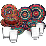 Melamin Geschirr Set Toskana Deep für 4 Personen - 16 Teile Rot-Grün - Mandala-Optik mit klaren Trinkgläsern 320 ml Campinggeschirr
