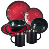 Melamin Geschirr Set Rot Schwarz für 2 Personen 8 Teile mit Edelstahl Thermo Tassen doppelwandig - Tonoptik Essgeschirr - Campinggeschirr Picknick ideal für Camping modern Outdoor