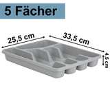 Besteckkasten 5 Fächer - grau - 33,5x25,5x4,5 cm - Besteckeinsatz für Schubladen Organizer Schubladeneinsatz Besteckbox Kunststoff Box