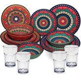 Melamin Geschirr Set Toskana Deep für 4 Personen - 16 Teile Rot-Grün - Mandala-Optik mit klaren Trinkgläsern 400 ml Campinggeschirr