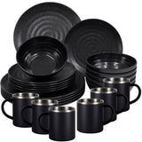 Melamin Geschirr Set Schwarz für 6 Personen 24 Teile mit Edelstahl Thermo Tassen doppelwandig - Essgeschirr - Campinggeschirr Picknick ideal für Camping modern Outdoor