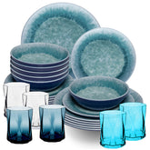 Melamin Geschirr Set Adria Blue für 6 Personen - 24 Teile Blau - mit farblich passenden Trinkgläsern 300 ml aus Acryl Steingutoptik Campinggeschirr