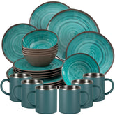 Melamin Geschirr Set Türkis für 6 Personen 24 Teile mit Edelstahl Thermo Tassen doppelwandig - Tonoptik Essgeschirr - Campinggeschirr Picknick ideal für Camping modern Outdoor