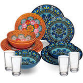 Melamin Geschirr Set Toskana Pastel für 4 Personen - 16 Teile - Orange-Blau - Mandala-Optik mit klaren Trinkgläsern 300 ml aus Acryl Campinggeschirr