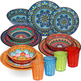 Melamin Geschirr Set Toskana für 4 Personen - 16 Teile - BUNT - Mandala-Optik mit farblich passenden Trinkgläsern 630 ml aus Acryl Campinggeschirr