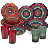 Melamin Geschirr Set Toskana Deep für 4 Personen - 16 Teile Rot-Grün - Mandala-Optik mit farblich passenden Trinkgläsern 400 ml Campinggeschirr