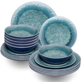 Melamin Geschirr Set Adria Blue für 6 Personen - 18 Teile Blau - Steingutoptik Essgeschirr Campinggeschirr