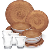 Melamin Geschirr Set Bambi Braun für 4 Personen - 16 Teile mit klaren Trinkgläsern 360 ml aus Acryl Steingutoptik Campinggeschirr