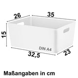 Ordnungsbox - WEIß - DINA4 - 35x26x15cm - 11.5 Liter - Ordnungskorb - Schubladenorganizer Schublade - Organizerbox Ordnungssystem Kunststoff Aufbewahrung Bad Korb Schrank Schreibtisch
