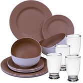 Melamin Geschirrset für 4 Personen - 16 Teile elegante Steingut Optik im warmen Rosé Ton - mit klarem Trinkglas 380ml - Campinggeschirr Geschirrset Tafelgeschirr Spülmaschinengeeignet Outdoor Camping